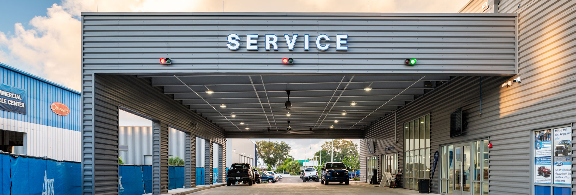 Grey service awning at Ferman Countryside Ford built by Ajax Building Company
