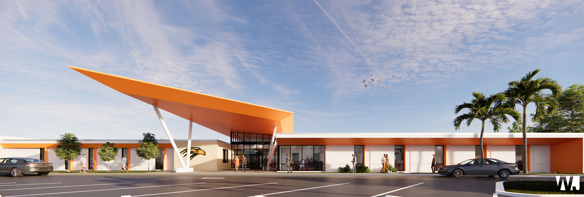 Digital rendering of the Pinellas County Schools Seminole High School | Exterior view with large orange triangular awning soaring above entryway and a picture of an bird mascot on the facade of the white with orange accents building, built by Ajax Building Company.