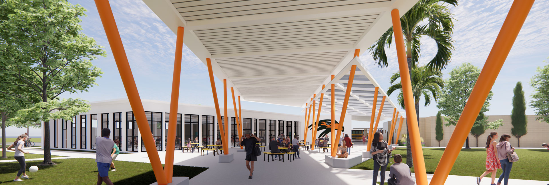 Digital rendering of Pinellas County Schools Seminole High School | Exterior and interior renovations and new cafeteria construction by Ajax Building Company with white building and orange beams with white canopy in a landscaped open air design.