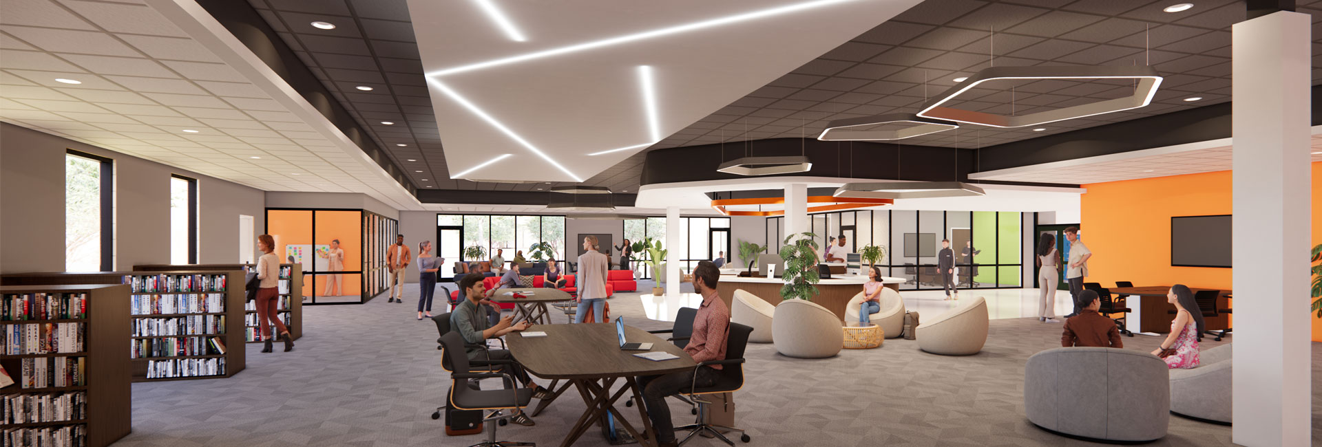 Digital rendering of Pinellas County Schools Seminole High School lounge/ library area with orange accent walls wood bookcases and tables with white couch chairs and plenty of windows and light built by Ajax Building Company