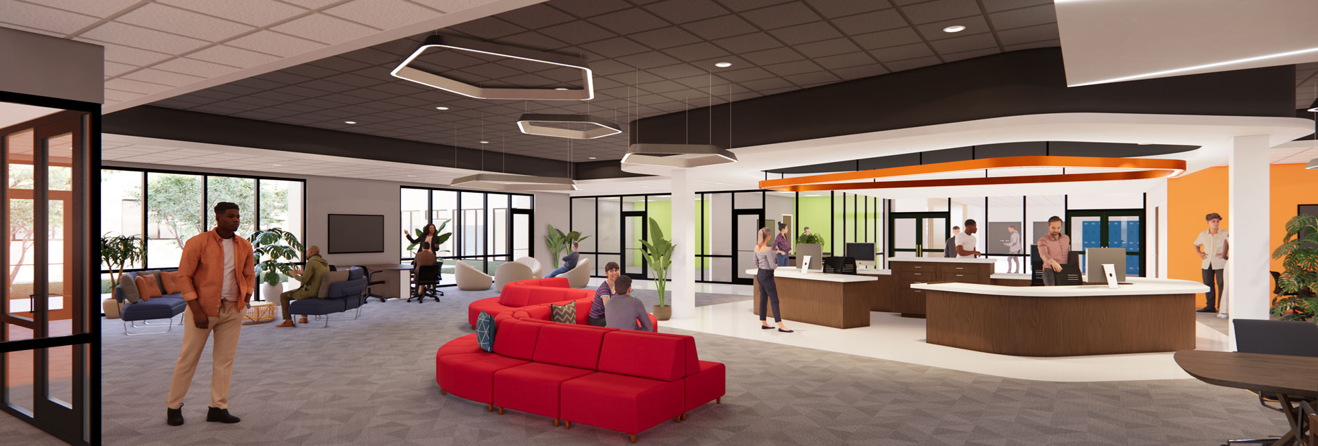 digital rendering of Pinellas County Schools Seminole High School reception/ admin area with red couches, wood reception desks and orange wall accents built by Ajax Building Company.